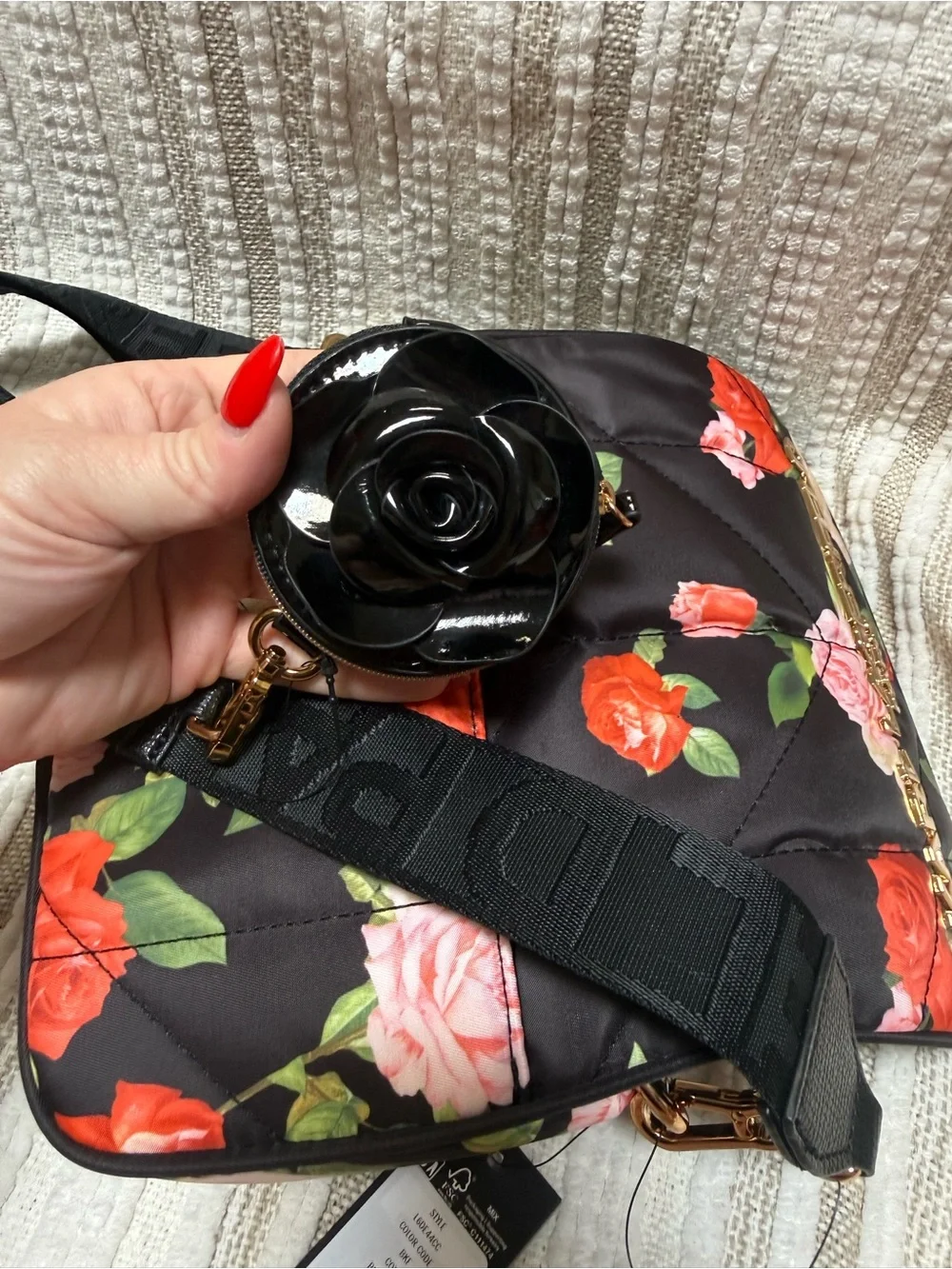 Karl Lagerfeld Quilted Floral Bag - Black with Red, Pink & Cream Roses